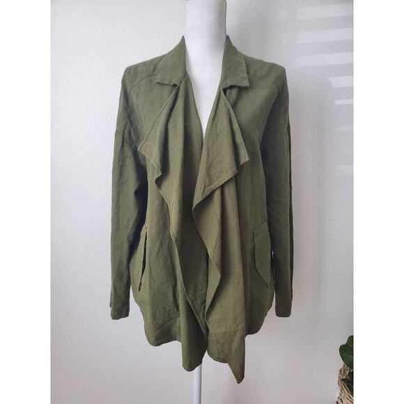 Love Tree army green linen blend shawl collar jacket womens L flowy fall - Picture 1 of 10